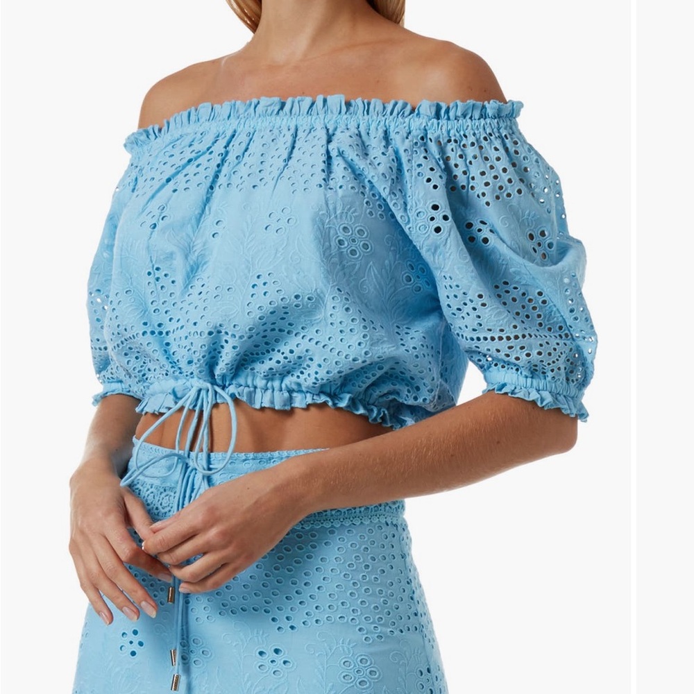Melissa Odabash Francesca Top Size S Cornflower Blue Boho Eyelet Top EUC - Picture 9 of 11